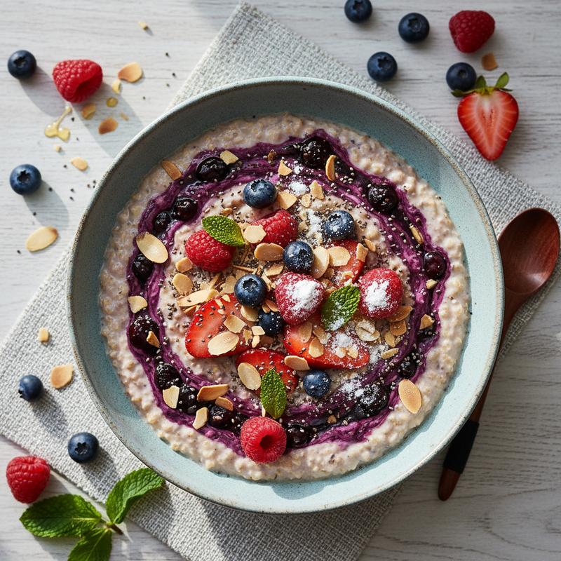 Overnight oats proteico cremoso em um pote de vidro com frutas vermelhas frescas e sementes de chia, pronto para consumo. Inclui a receita de overnight oats proteico.