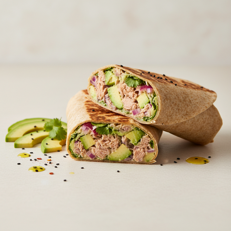 Foto de um wrap de atum proteico com abacate cortado ao meio, mostrando o recheio. Ideal para uma refeição rápida e nutritiva.