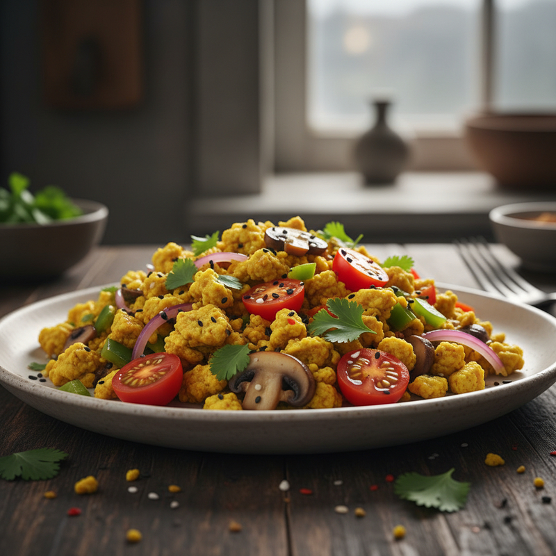 Tofu mexido cremoso e colorido com cúrcuma e vegetais frescos, pronto para ser servido. Uma opção saudável e proteica de receita de tofu mexido.