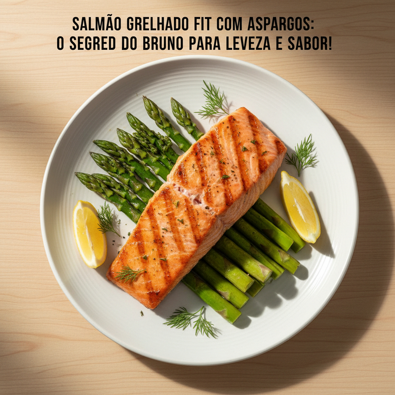 Salmão grelhado fit em prato branco com aspargos verdes e rodelas de limão, realçando a leveza e o sabor da refeição.