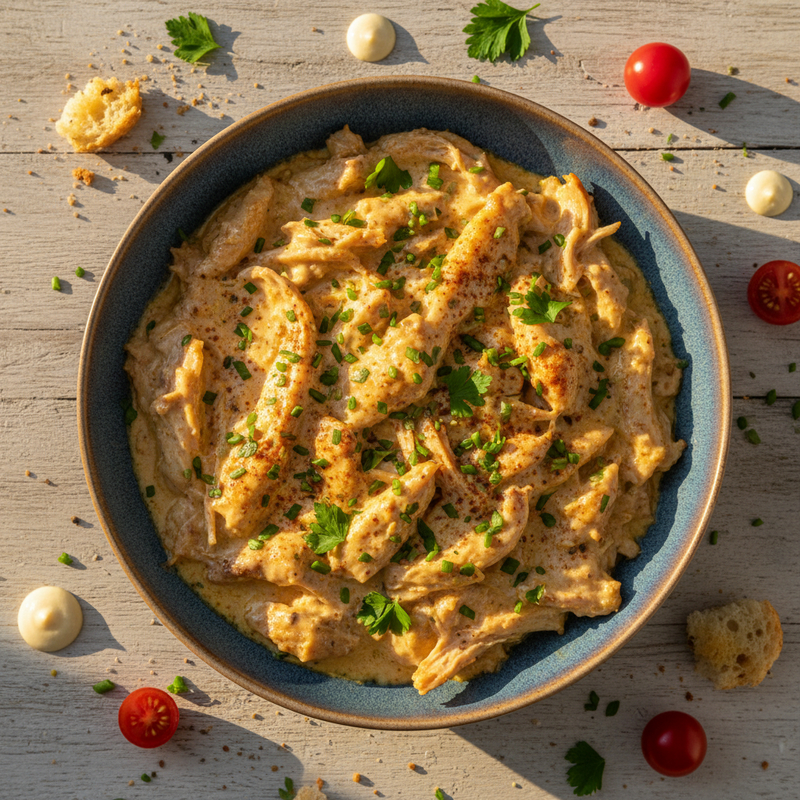 Frango desfiado cremoso e suculento em uma travessa com legumes ao fundo. A receita de frango desfiado cremoso é ideal para a Airfryer.