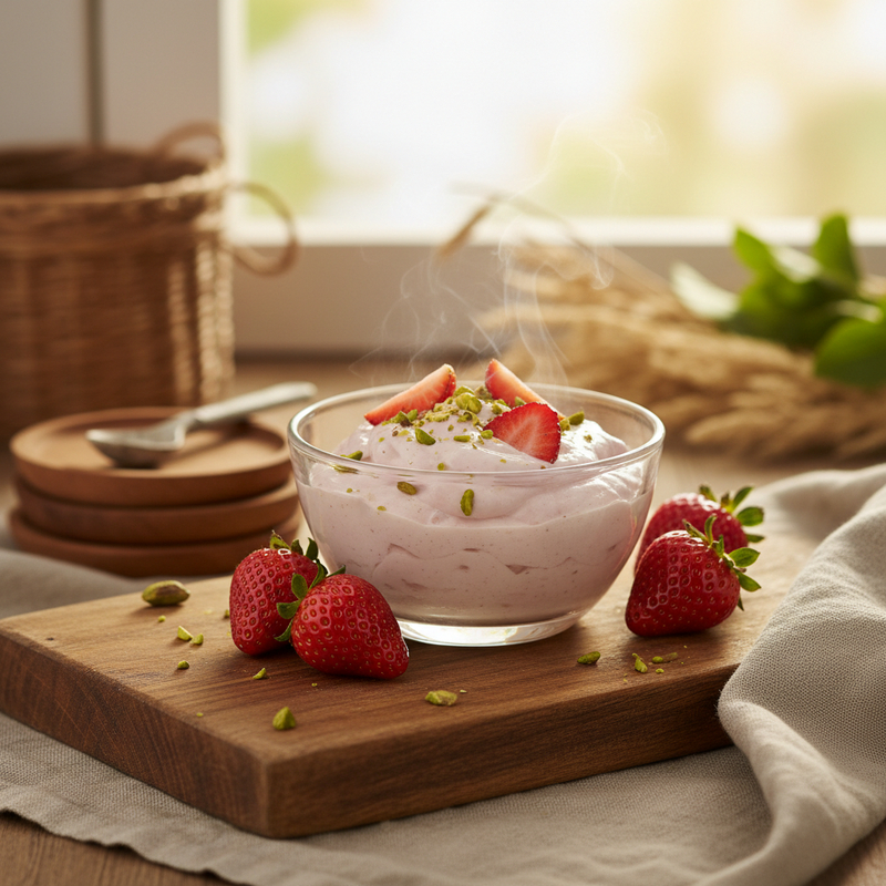 Mousse proteica de morango em uma taça com morangos frescos, destacando a textura cremosa da receita de mousse proteica de morango.