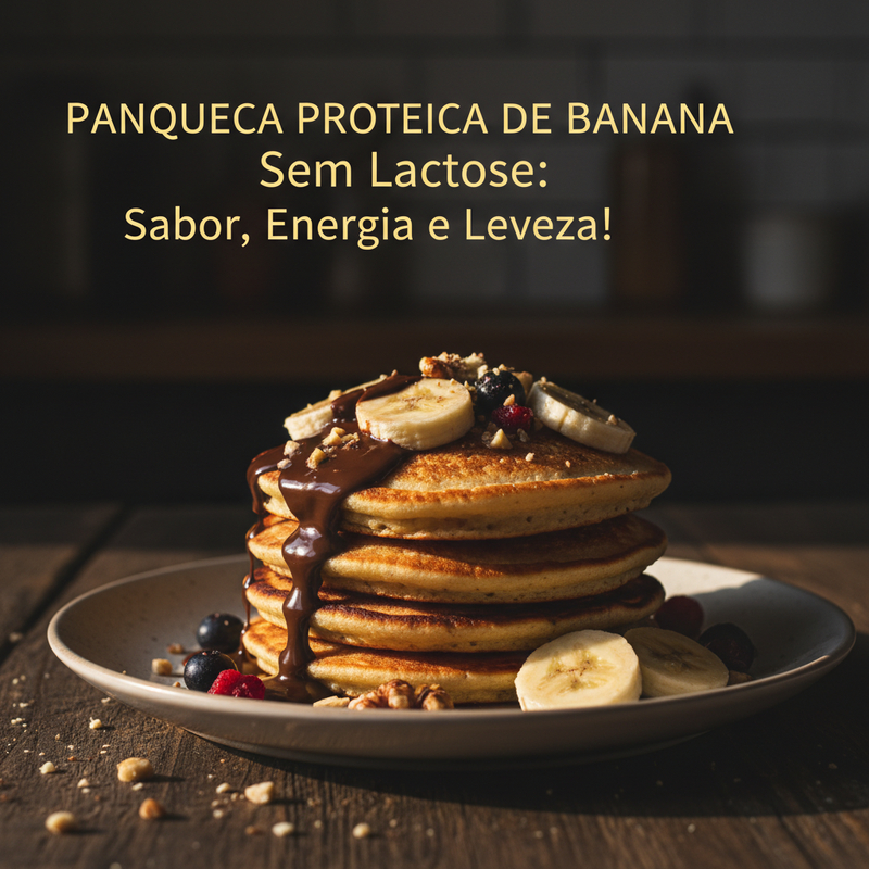 Foto de panqueca proteica de banana sem lactose empilhada com frutas frescas e xarope em um prato branco.