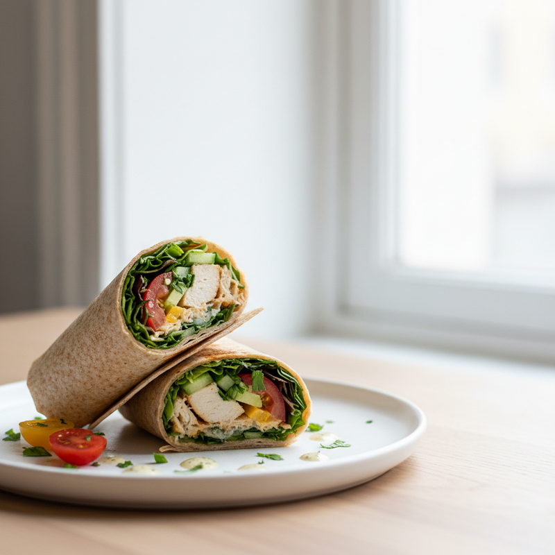 Foto de um wrap de frango fit cortado ao meio, mostrando o recheio de frango, vegetais e molho de iogurte.