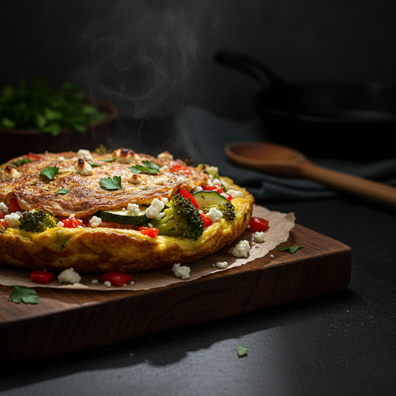 Omelete de forno proteico com legumes frescos, cortado em porções em uma travessa, com ervas frescas. omelete de forno proteico.