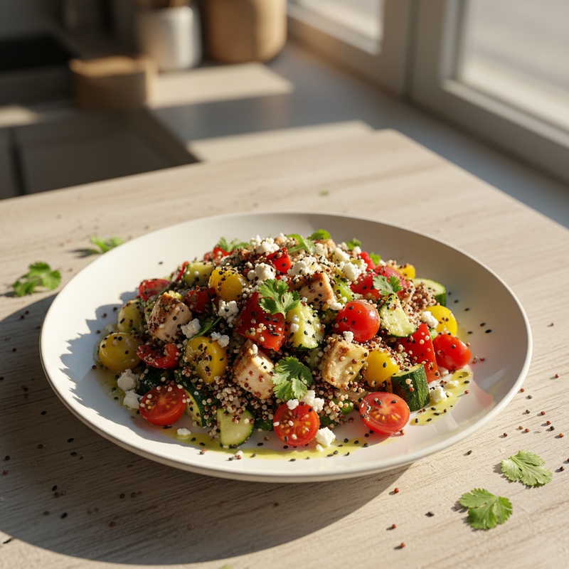 Tigela colorida de salada de quinoa com frango desfiado e vegetais frescos.