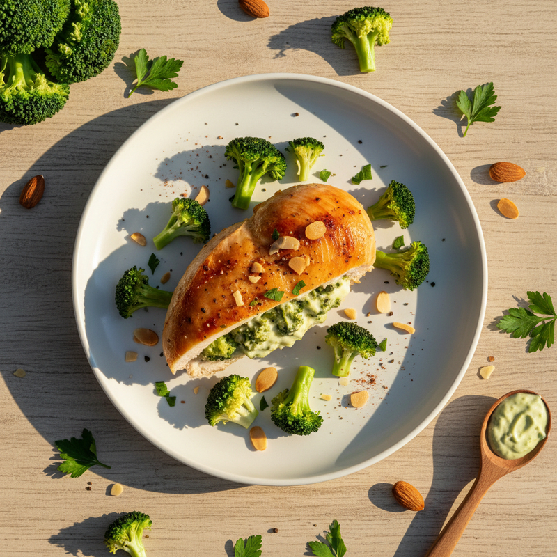 Filé de frango recheado fit com brócolis e queijo cottage em um prato, com um acompanhamento ao lado.