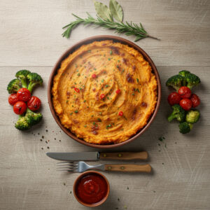 Foto de um escondidinho de patinho fit com purê de mandioquinha cremoso, gratinado e servido em um refratário individual, com cheiro verde por cima.