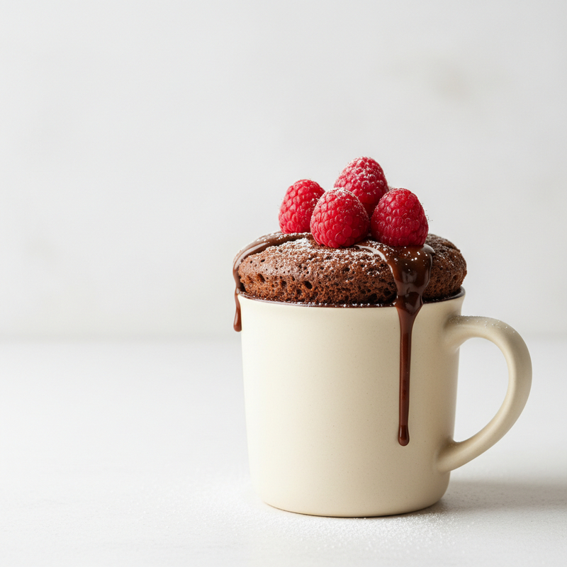 Bolo de caneca proteico de chocolate com frutas vermelhas em uma caneca branca