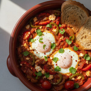 Frigideira com shakshuka fit receita com ovos e molho de tomate, pronta para servir.