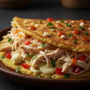 Crepioca proteica recheada com frango desfiado e legumes frescos em um prato, pronta para comer. receita crepioca proteica.