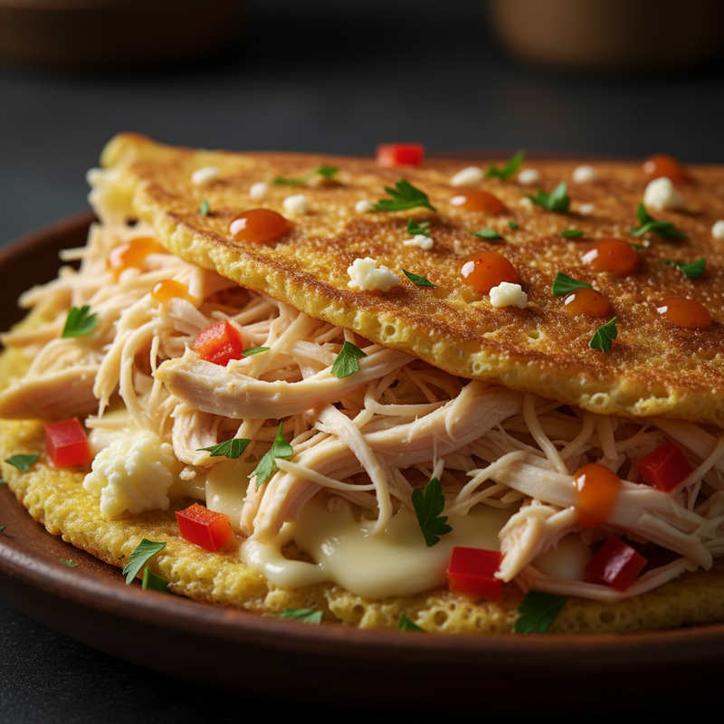 Crepioca proteica recheada com frango desfiado e legumes frescos em um prato, pronta para comer. receita crepioca proteica.