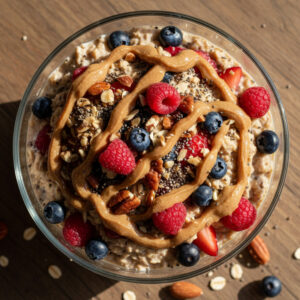 Pote de vidro com receita de overnight oats proteico, decorado com frutas vermelhas e amêndoas.