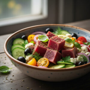 Tigela de Atum Mediterrânea Fit pronta para consumo, com atum, grão de bico e vegetais vibrantes.