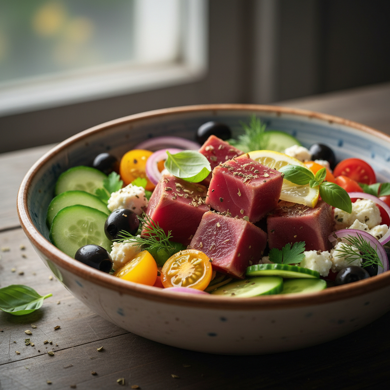 Tigela de Atum Mediterrânea Fit pronta para consumo, com atum, grão de bico e vegetais vibrantes.