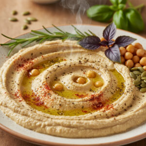 Tigela de homus fit cremoso guarnecido com páprica e azeite, ao lado de vegetais frescos. Receita de Homus Fit saudável e deliciosa.