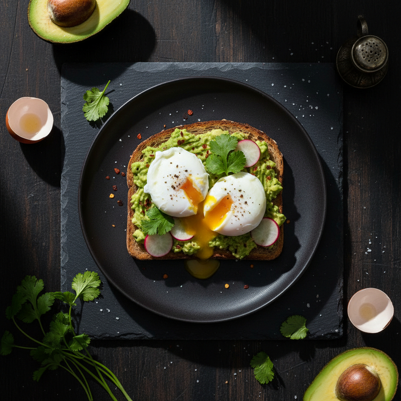 Foto de uma deliciosa tosta de abacate com ovo fit, ideal para um lanche ou café da manhã.