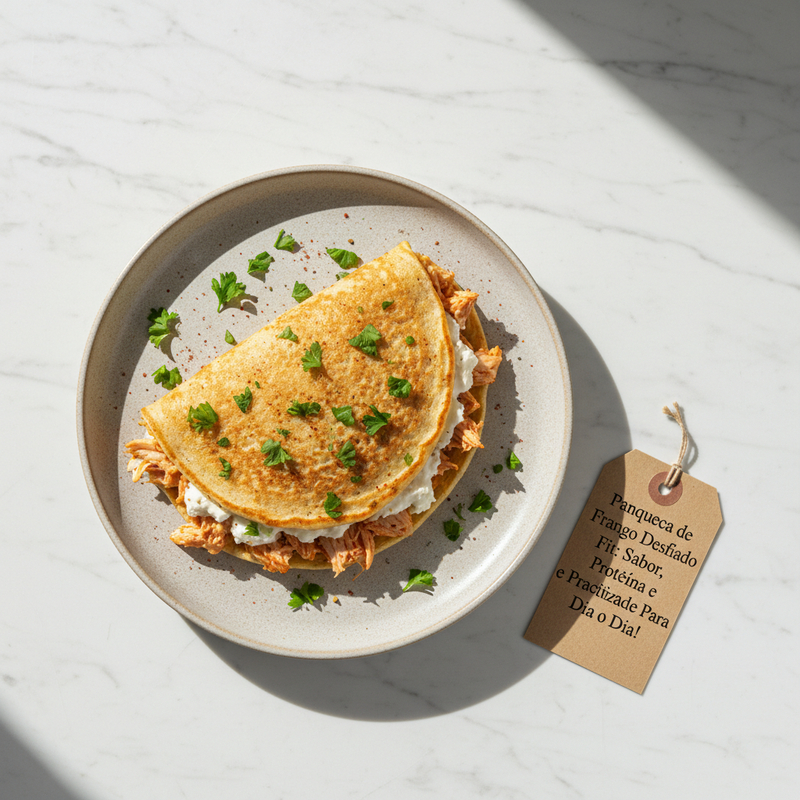 Uma panqueca de frango desfiado fit em um prato, com recheio visível e uma massa levemente dourada, pronta para ser saboreada. Inclui a frase-chave.