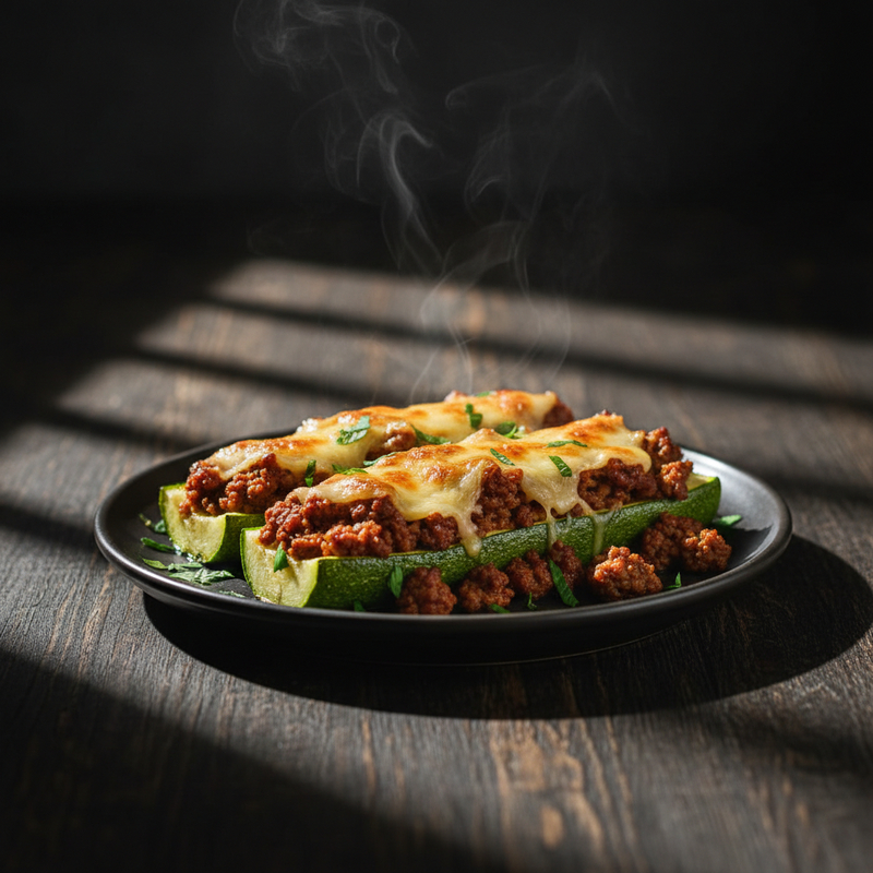 Duas metades de abobrinha recheada com carne moída fit gratinada, saindo do forno, em uma travessa com temperos frescos ao lado. Foto detalhada da receita de abobrinha recheada com carne moída fit.