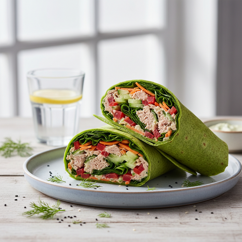 Um wrap de atum com vegetais fit, cortado ao meio, mostrando o recheio fresco e colorido, pronto para ser consumido.