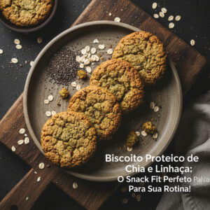 Biscoito proteico de chia e linhaça com sementes e aveia sobre um pano de prato rústico, com um copo de leite e frutas ao fundo. Ideal para um snack saudável.