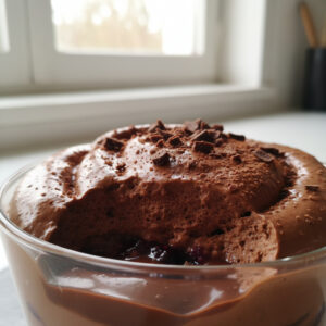 Mousse de chocolate proteica cremosa em taças de vidro, decorada com raspas de chocolate e frutas vermelhas.