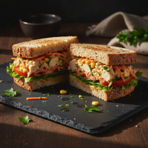 Um sanduíche natural de frango cremoso fit, cortado ao meio, mostrando o recheio suculento com alface e tomate, em um prato branco. A receita de sanduíche natural de frango cremoso é ideal para lanches.