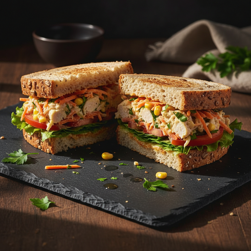 Um sanduíche natural de frango cremoso fit, cortado ao meio, mostrando o recheio suculento com alface e tomate, em um prato branco. A receita de sanduíche natural de frango cremoso é ideal para lanches.